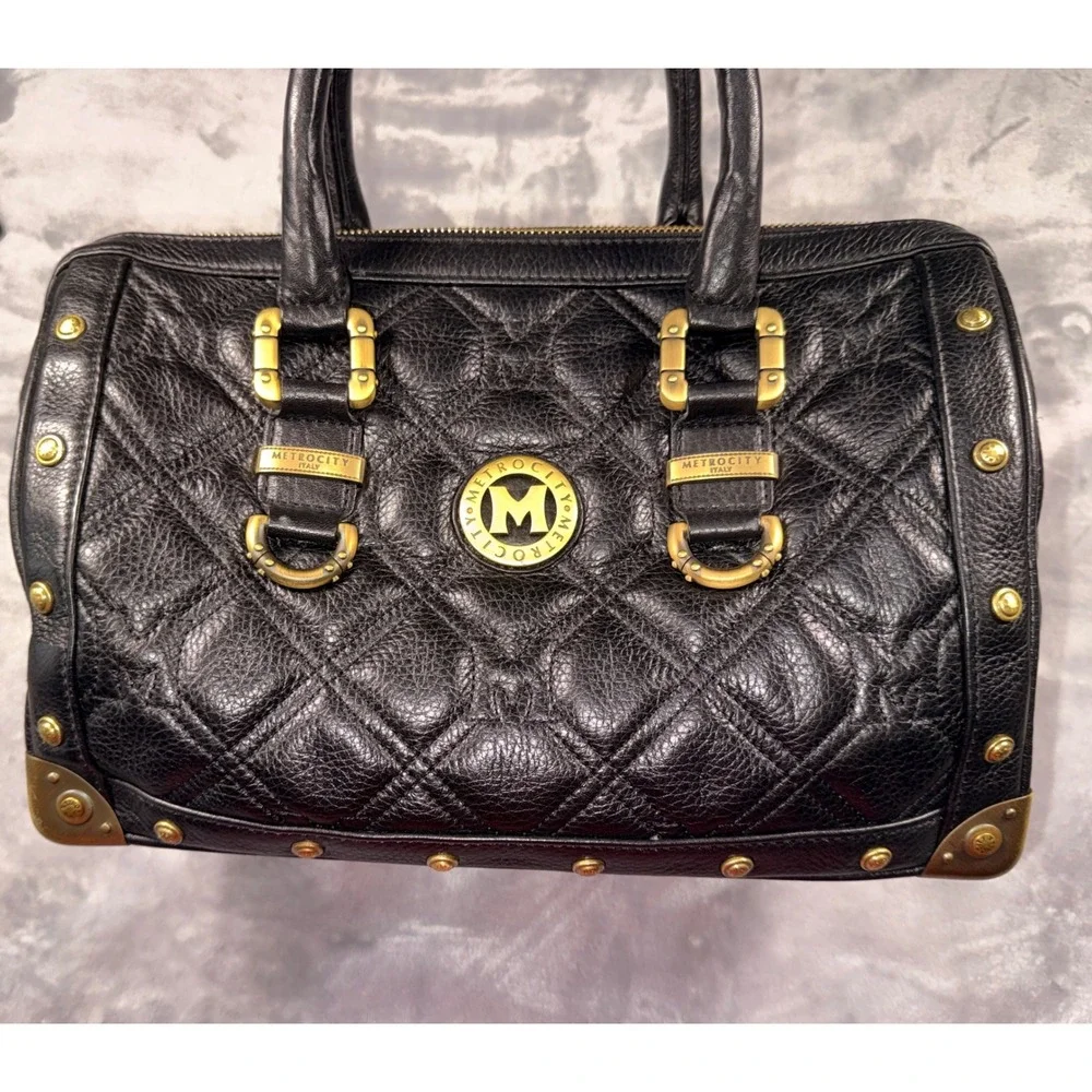 Metrocity Italy Black Quilted Pebbled Leather Satchel Handbag Brass Hardware